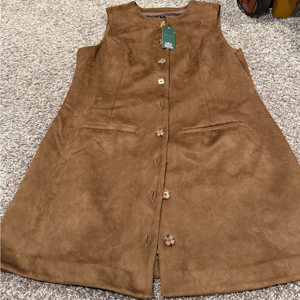 🌽Brown Sleeveless faux suede Button-Up Dress